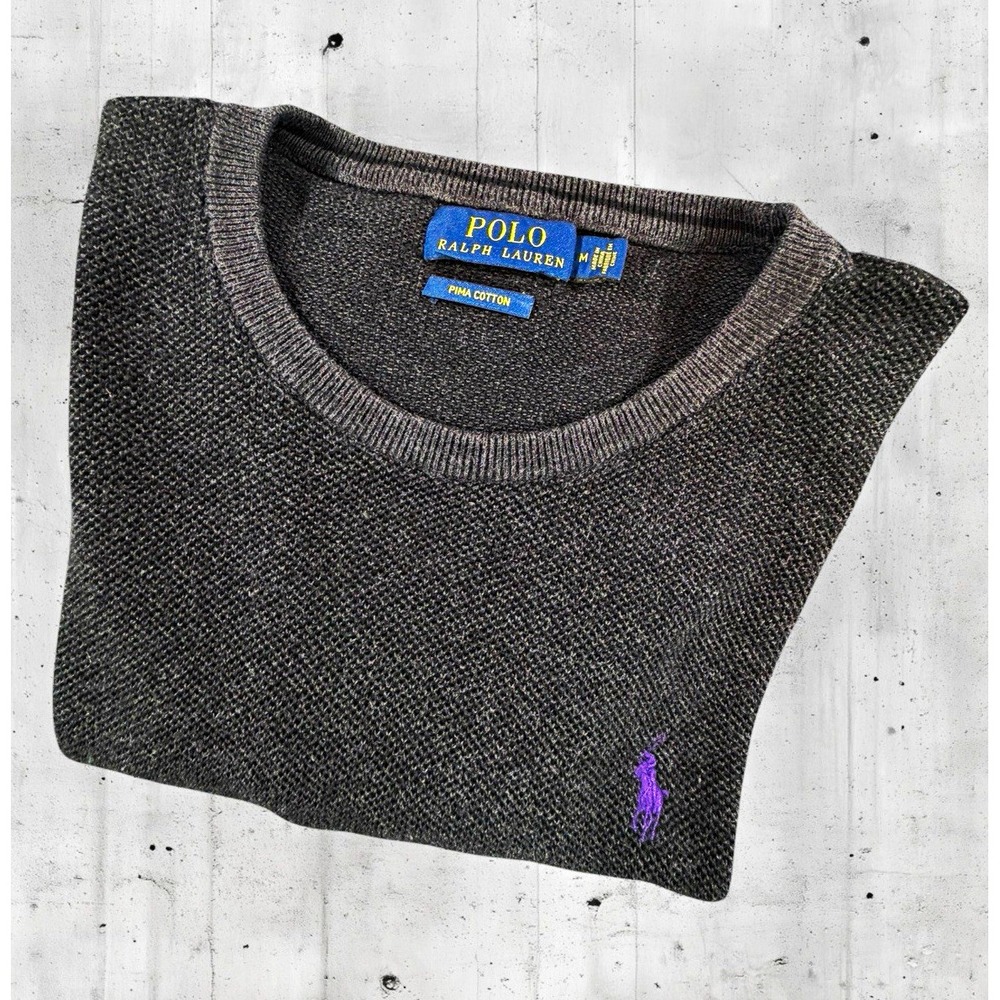 Polo Ralph Lauren Men's M Gray Cotton Knit Crewneck Pullover Sweater Logo